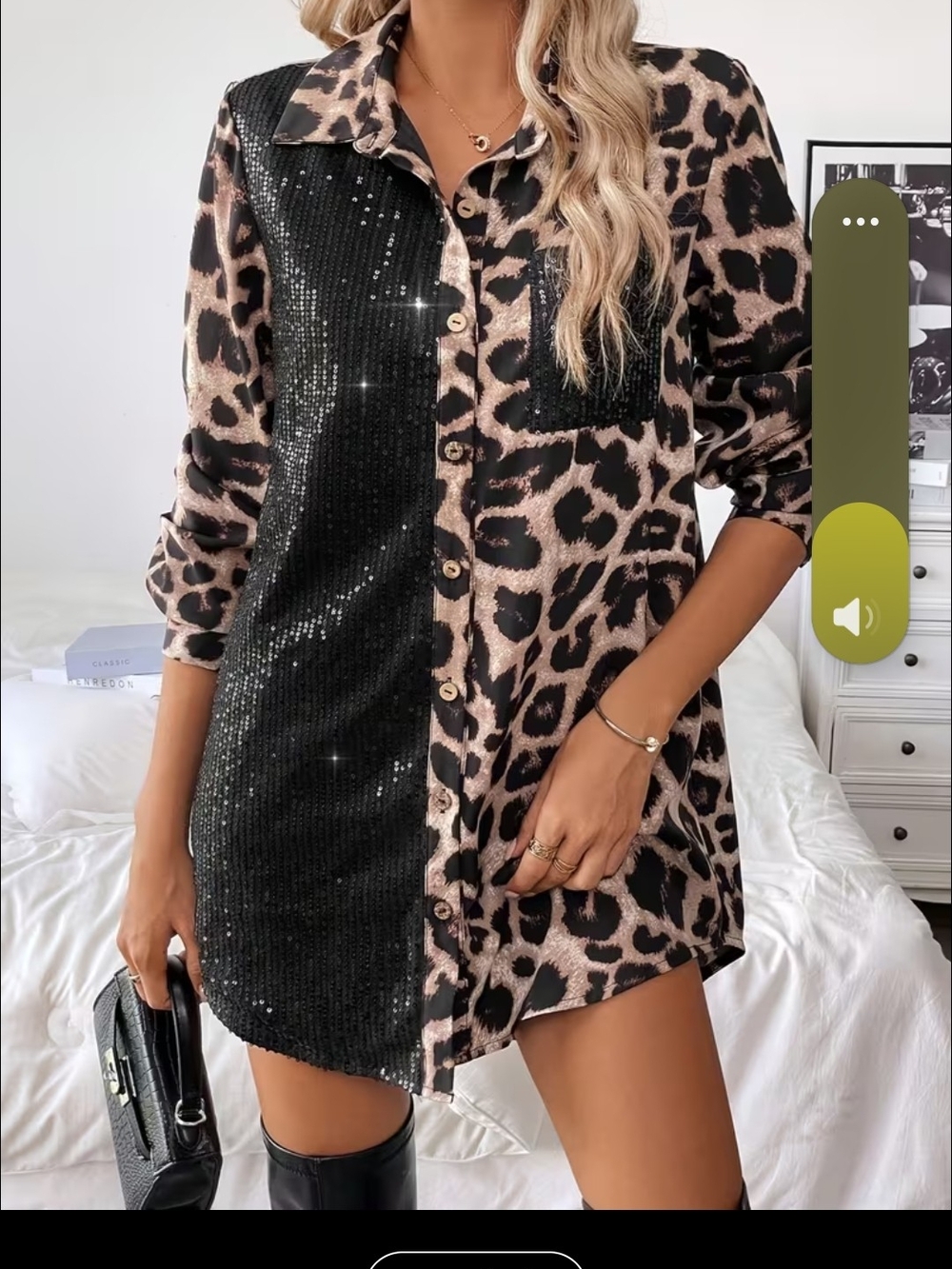 Leopard Print Sequin Shirt Mini Dress in Black and Beige